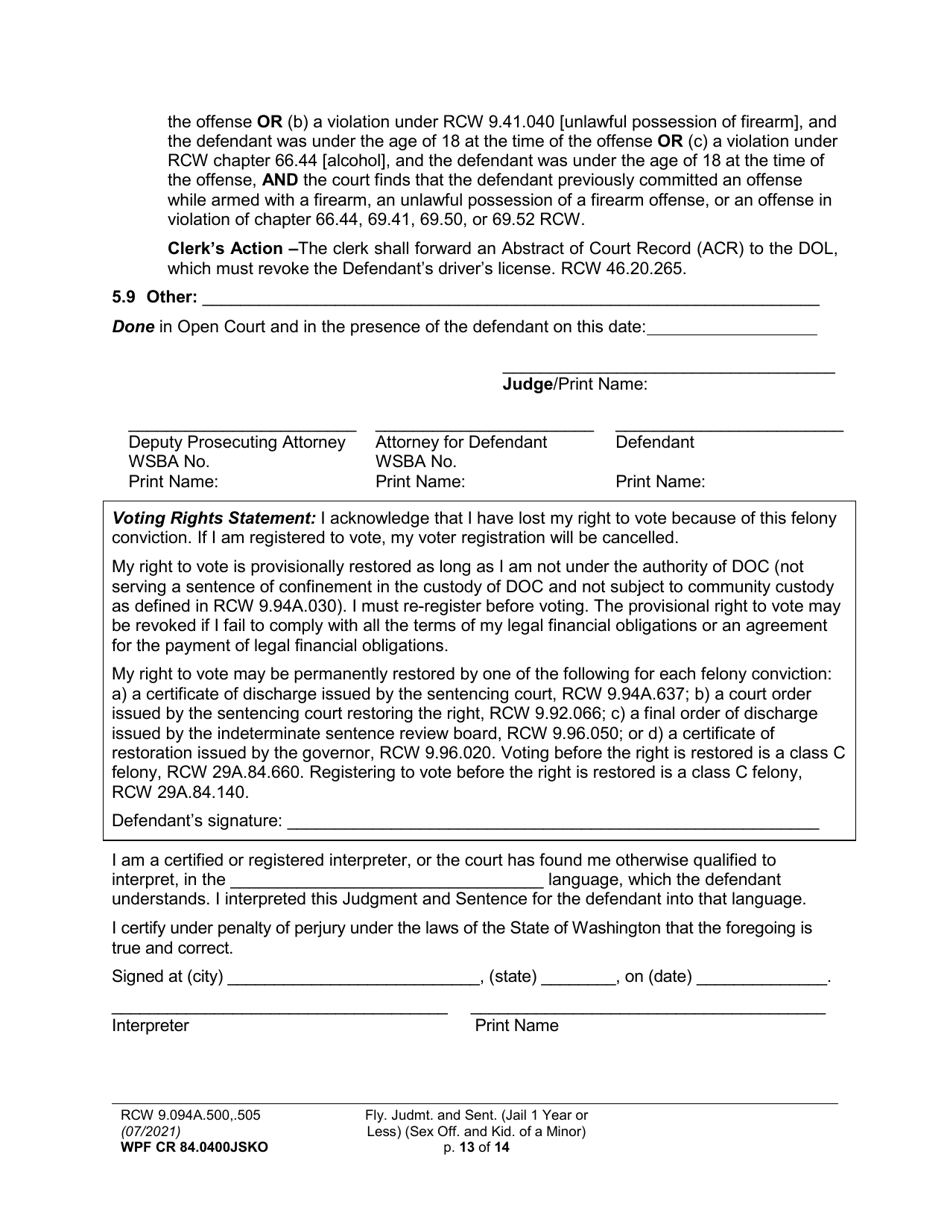 Form WPF CR84.0400 JSKO Felony Judgment and Sentence - Jail One Year or Less (Sex Offense and Kidnapping of a Minor) - Washington, Page 13