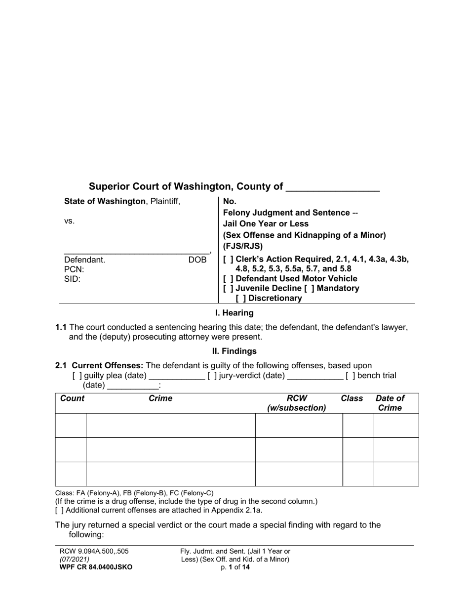 Form WPF CR84.0400 JSKO Felony Judgment and Sentence - Jail One Year or Less (Sex Offense and Kidnapping of a Minor) - Washington, Page 1