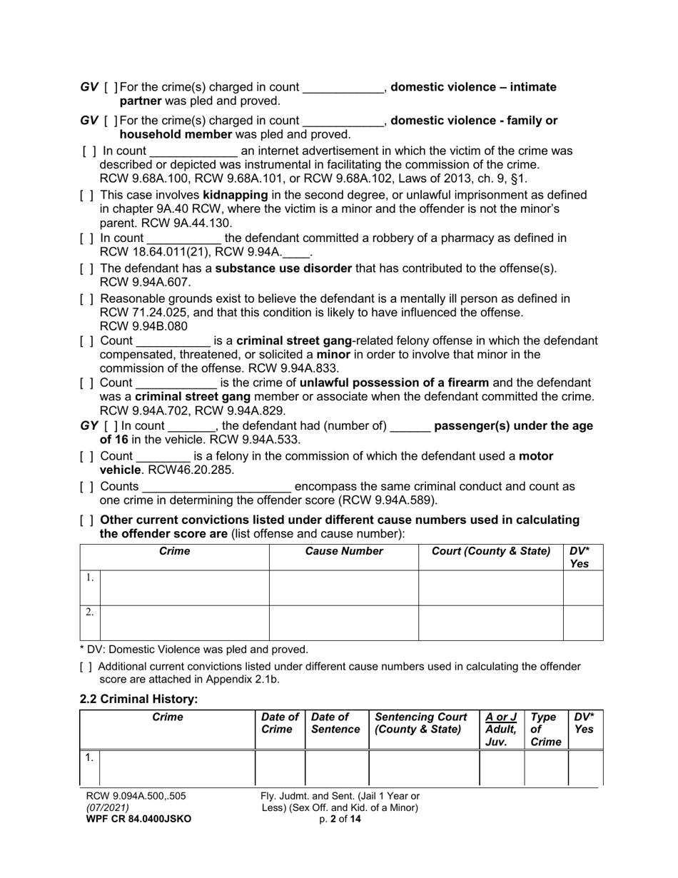 Form WPF CR84.0400 JSKO Felony Judgment and Sentence - Jail One Year or Less (Sex Offense and Kidnapping of a Minor) - Washington, Page 2