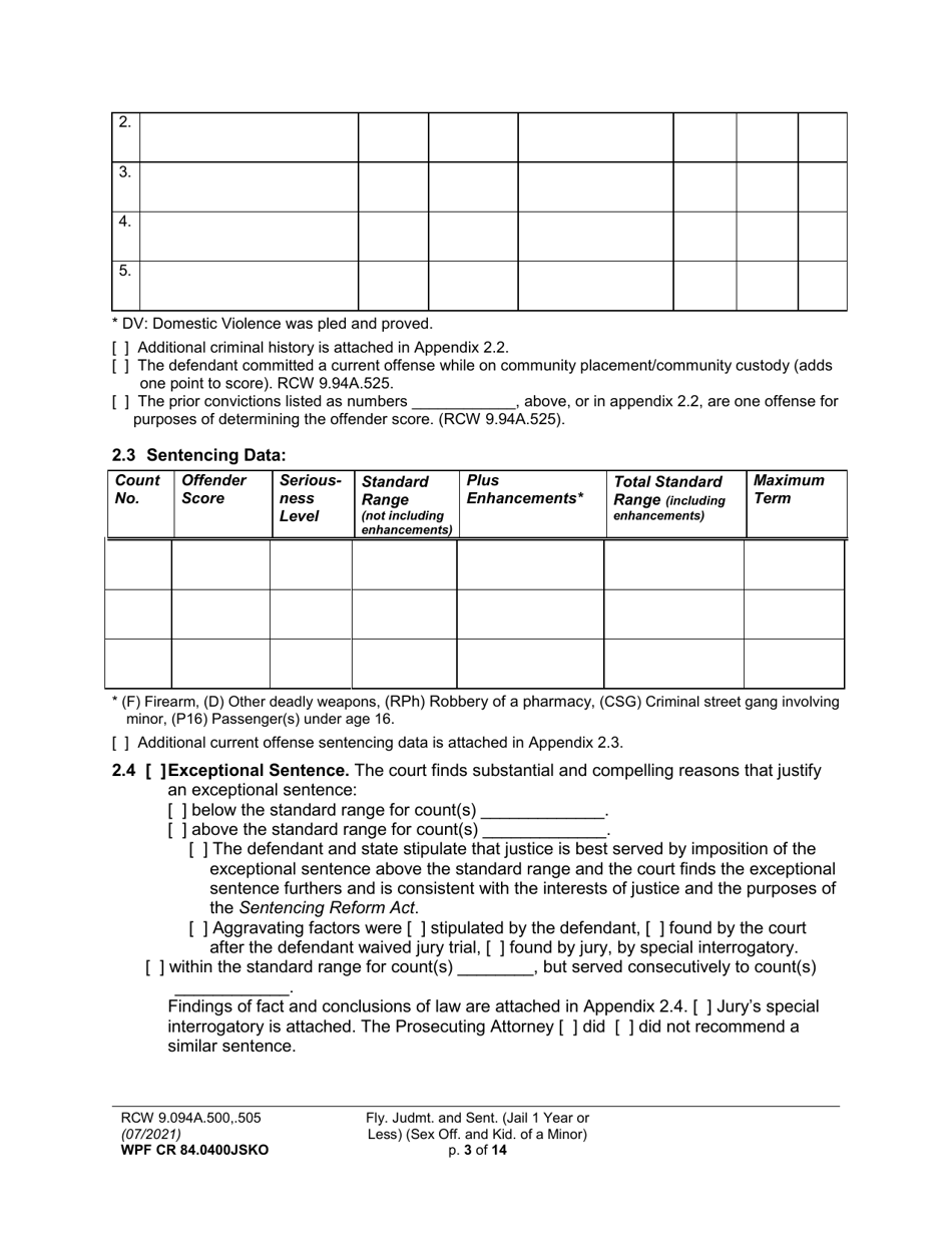 Form WPF CR84.0400 JSKO Felony Judgment and Sentence - Jail One Year or Less (Sex Offense and Kidnapping of a Minor) - Washington, Page 3