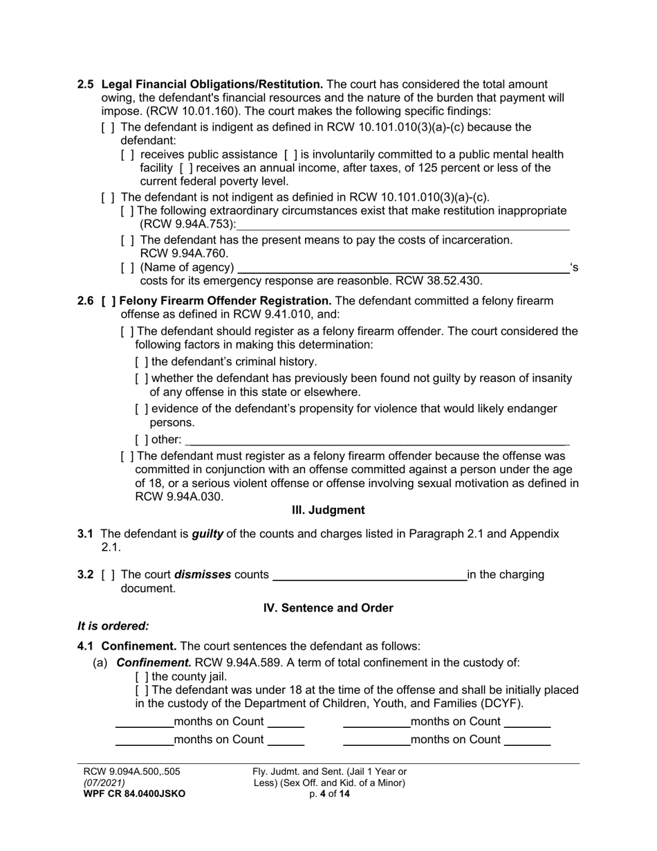 Form WPF CR84.0400 JSKO Felony Judgment and Sentence - Jail One Year or Less (Sex Offense and Kidnapping of a Minor) - Washington, Page 4