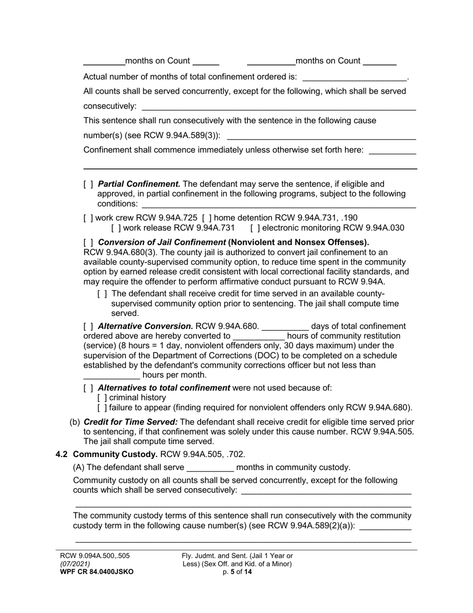 Form WPF CR84.0400 JSKO Felony Judgment and Sentence - Jail One Year or Less (Sex Offense and Kidnapping of a Minor) - Washington, Page 5