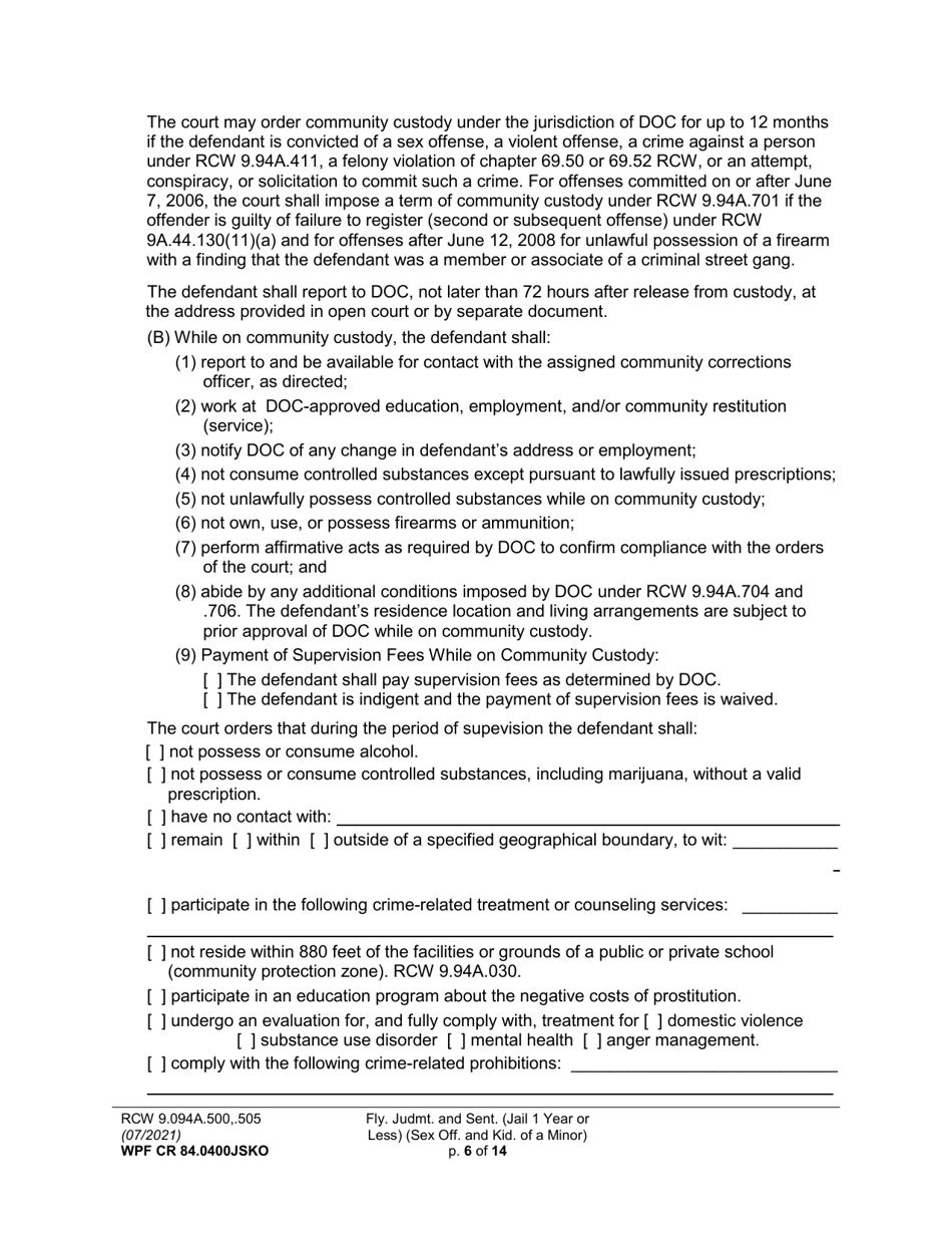Form WPF CR84.0400 JSKO Felony Judgment and Sentence - Jail One Year or Less (Sex Offense and Kidnapping of a Minor) - Washington, Page 6