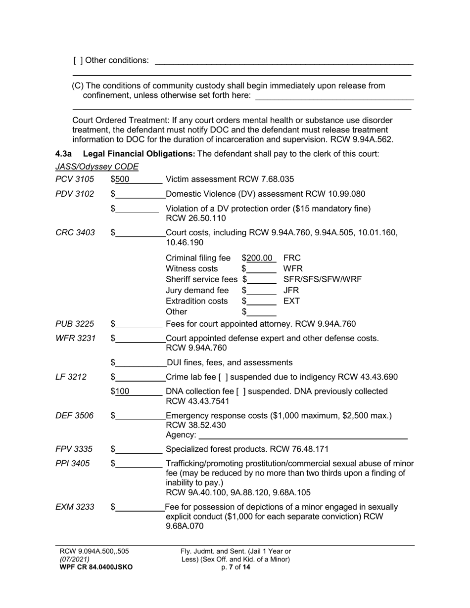 Form WPF CR84.0400 JSKO Felony Judgment and Sentence - Jail One Year or Less (Sex Offense and Kidnapping of a Minor) - Washington, Page 7