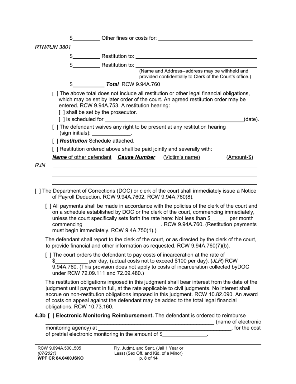 Form WPF CR84.0400 JSKO Felony Judgment and Sentence - Jail One Year or Less (Sex Offense and Kidnapping of a Minor) - Washington, Page 8