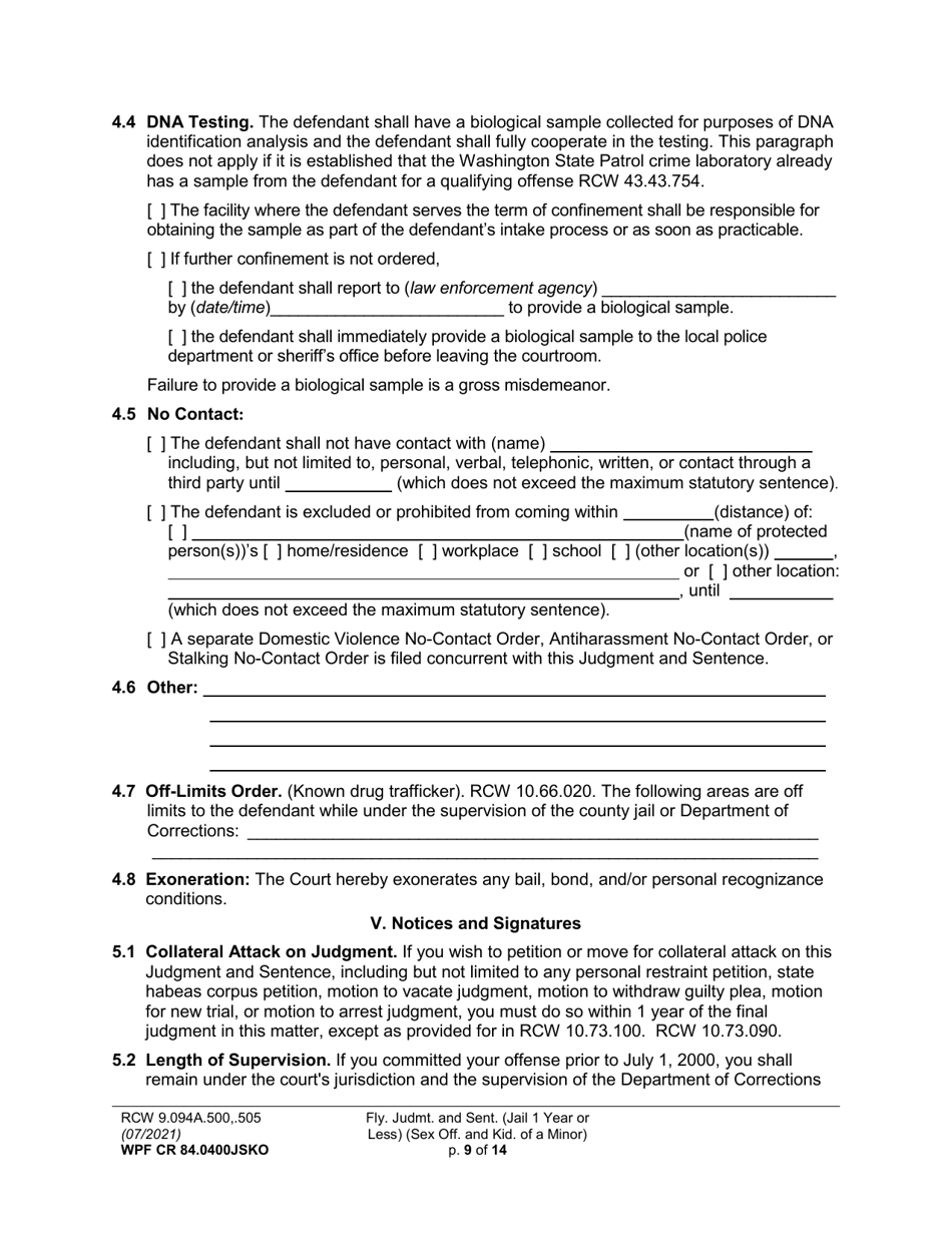 Form WPF CR84.0400 JSKO Felony Judgment and Sentence - Jail One Year or Less (Sex Offense and Kidnapping of a Minor) - Washington, Page 9