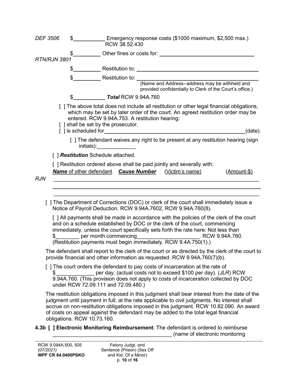 Form WPF CR84.0400 PSKO Felony Judgment and Sentence - Prison (Sex Offense and Kidnapping of a Minor) - Washington, Page 10