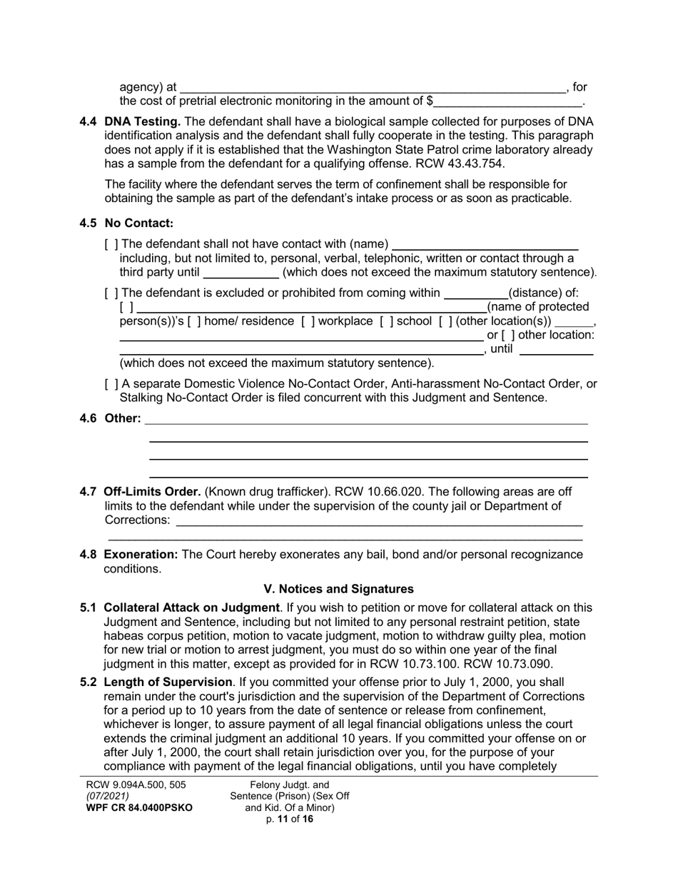 Form WPF CR84.0400 PSKO Felony Judgment and Sentence - Prison (Sex Offense and Kidnapping of a Minor) - Washington, Page 11