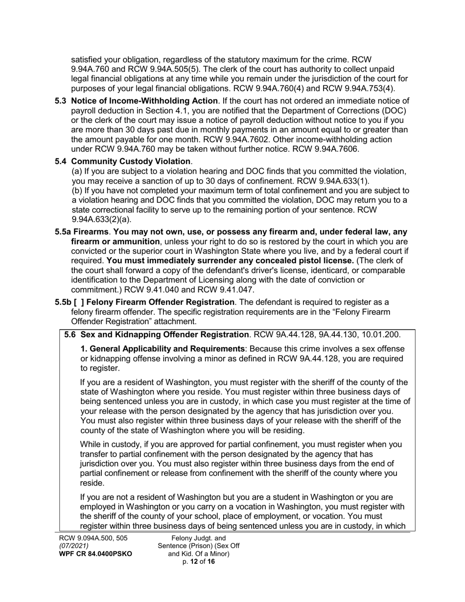 Form WPF CR84.0400 PSKO Felony Judgment and Sentence - Prison (Sex Offense and Kidnapping of a Minor) - Washington, Page 12