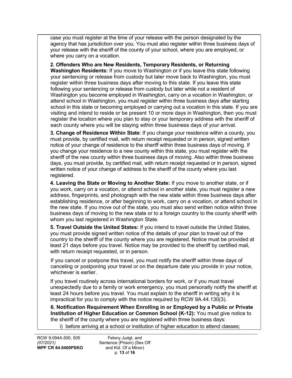 Form WPF CR84.0400 PSKO Felony Judgment and Sentence - Prison (Sex Offense and Kidnapping of a Minor) - Washington, Page 13