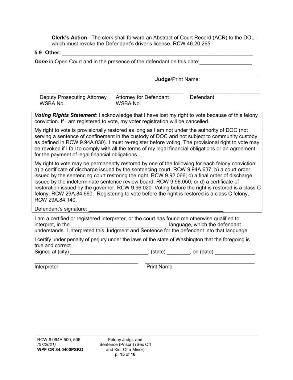 Form WPF CR84.0400 PSKO Felony Judgment and Sentence - Prison (Sex Offense and Kidnapping of a Minor) - Washington, Page 15