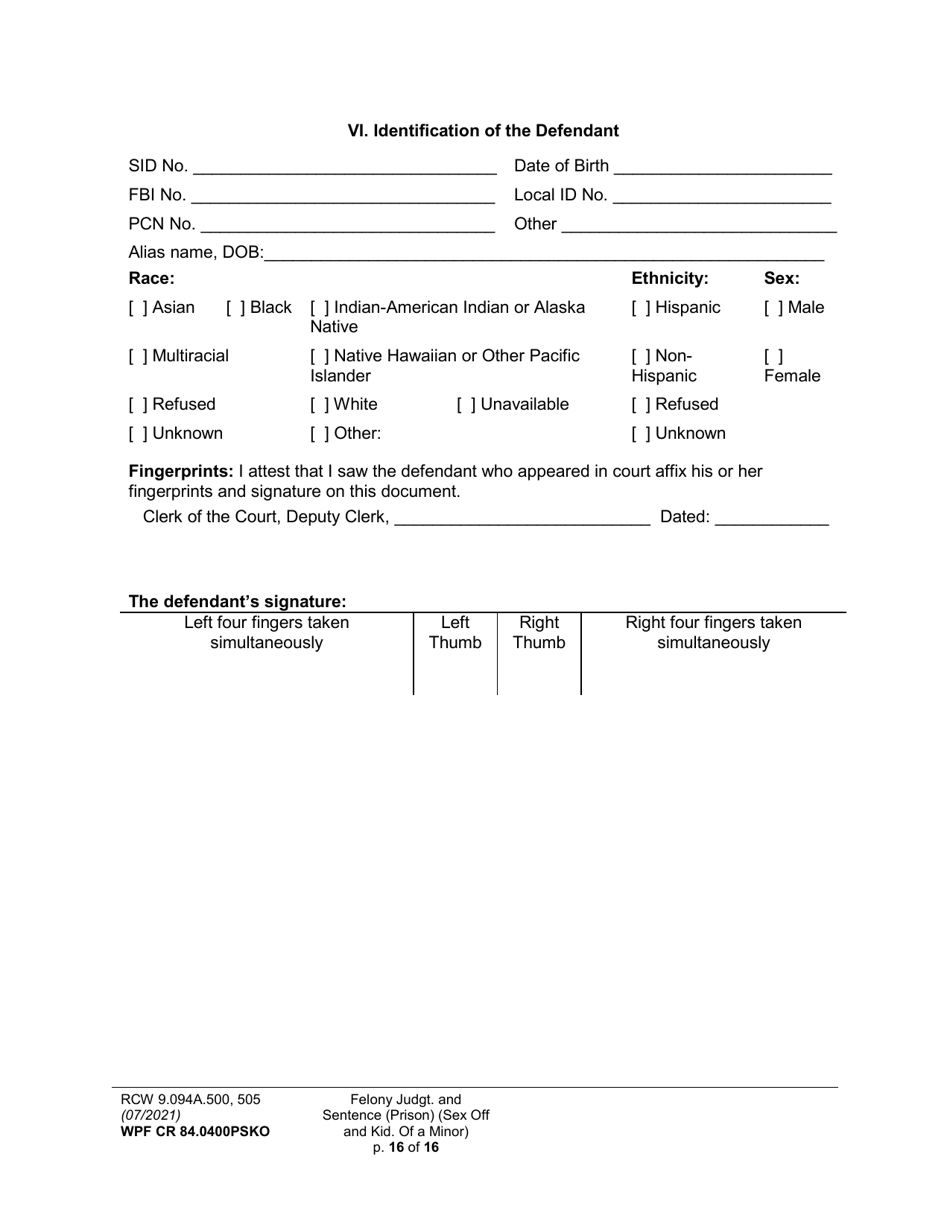Form WPF CR84.0400 PSKO Felony Judgment and Sentence - Prison (Sex Offense and Kidnapping of a Minor) - Washington, Page 16