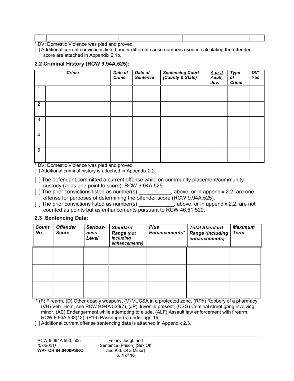 Form WPF CR84.0400 PSKO Felony Judgment and Sentence - Prison (Sex Offense and Kidnapping of a Minor) - Washington, Page 4