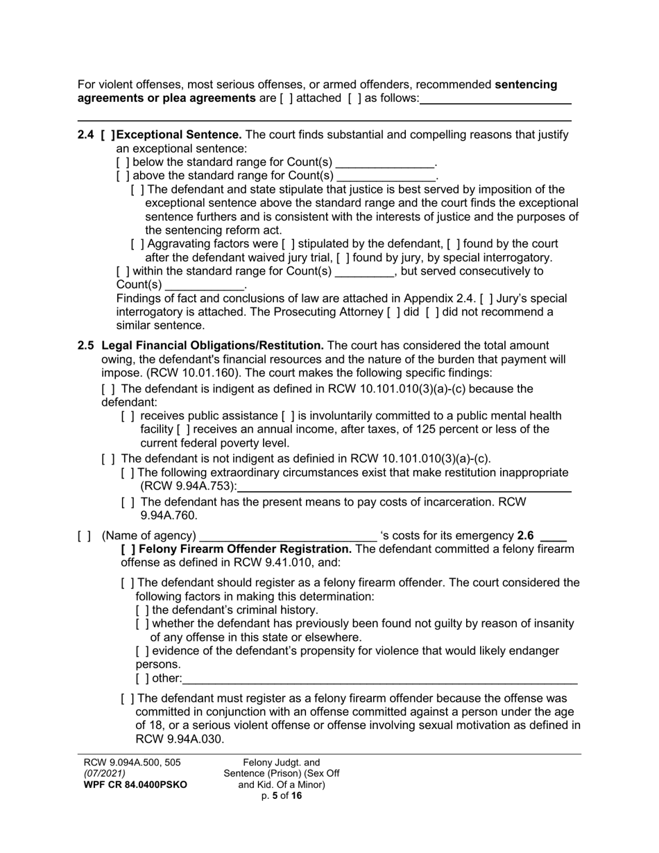 Form WPF CR84.0400 PSKO Felony Judgment and Sentence - Prison (Sex Offense and Kidnapping of a Minor) - Washington, Page 5