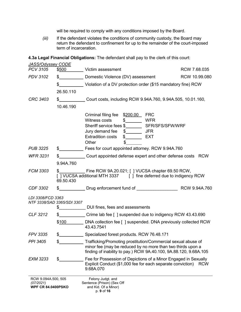 Form WPF CR84.0400 PSKO Felony Judgment and Sentence - Prison (Sex Offense and Kidnapping of a Minor) - Washington, Page 9