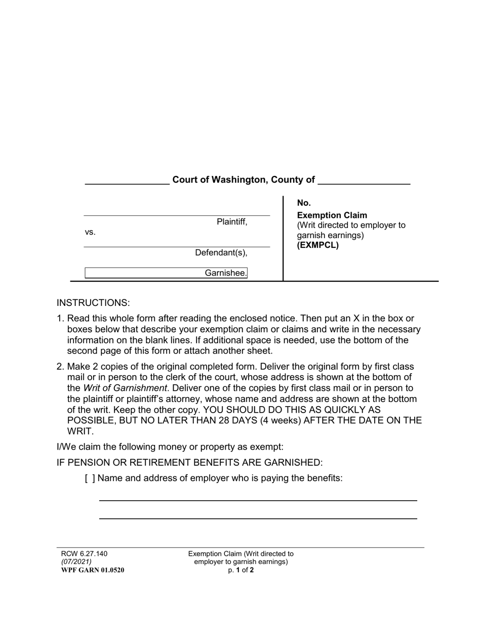 Form WPF GARN01.0520 Exemption Claim (Writ Directed to Employer to Garnish Earnings) - Washington, Page 1