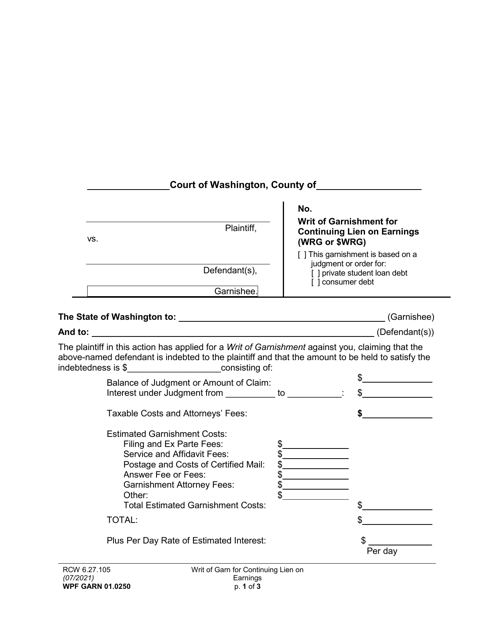 Form WPF GARN01.0250 Writ of Garnishment for Continuing Lien on Earnings (Wrg or $wrg) - Washington