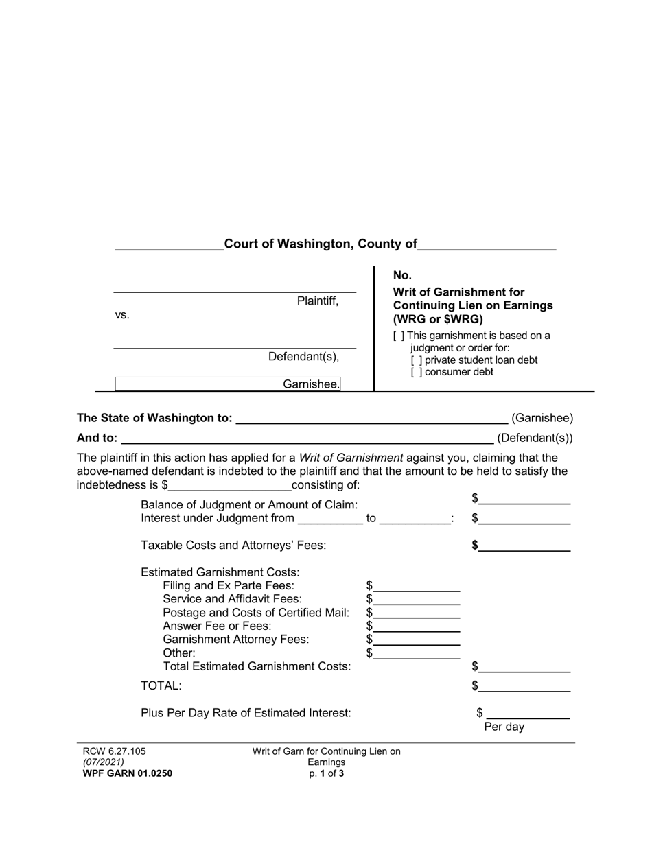 Form WPF GARN01.0250 Writ of Garnishment for Continuing Lien on Earnings (Wrg or $wrg) - Washington, Page 1