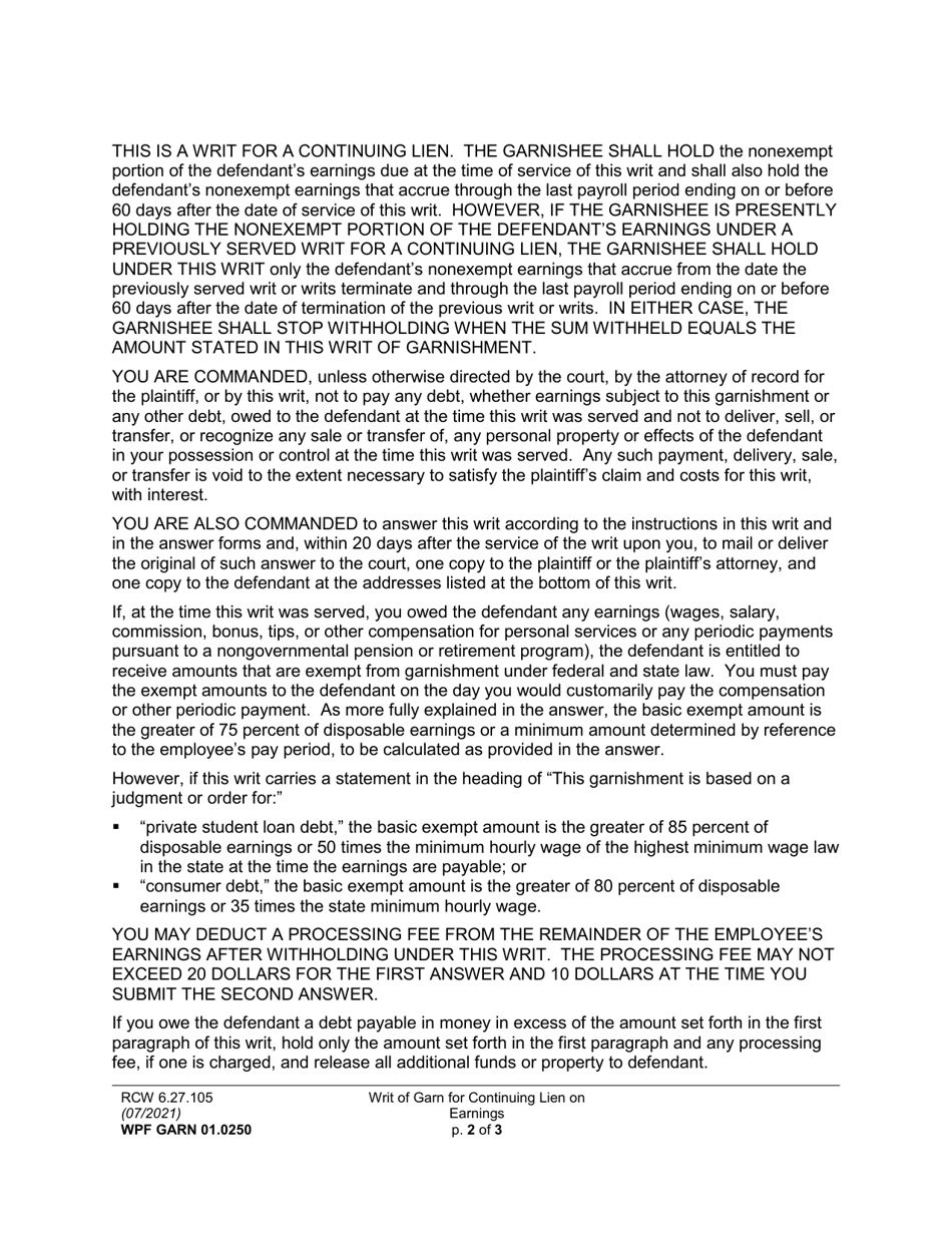 Form WPF GARN01.0250 Writ of Garnishment for Continuing Lien on Earnings (Wrg or $wrg) - Washington, Page 2