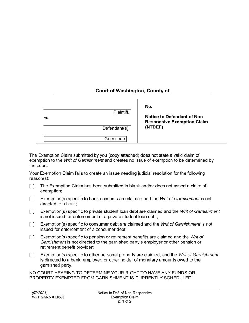 Form WPF GARN01.0570 Notice to Defendant of Non-responsive Exemption Claim (Ntdef) - Washington, Page 1