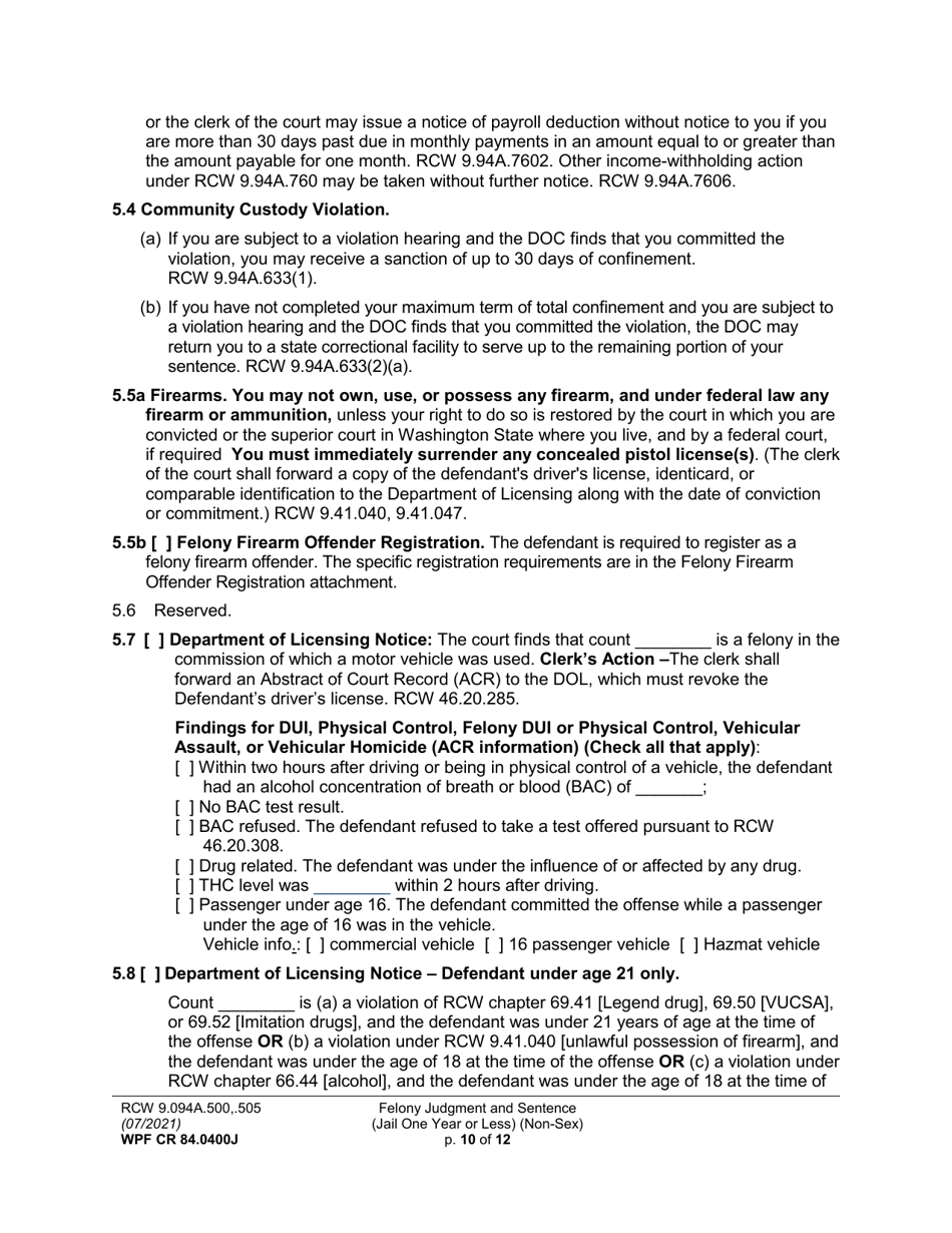 Form WPF CR84.0400J Felony Judgment and Sentence - Jail One Year or Less (Non Sex) (Fjs / Rjs) - Washington, Page 10