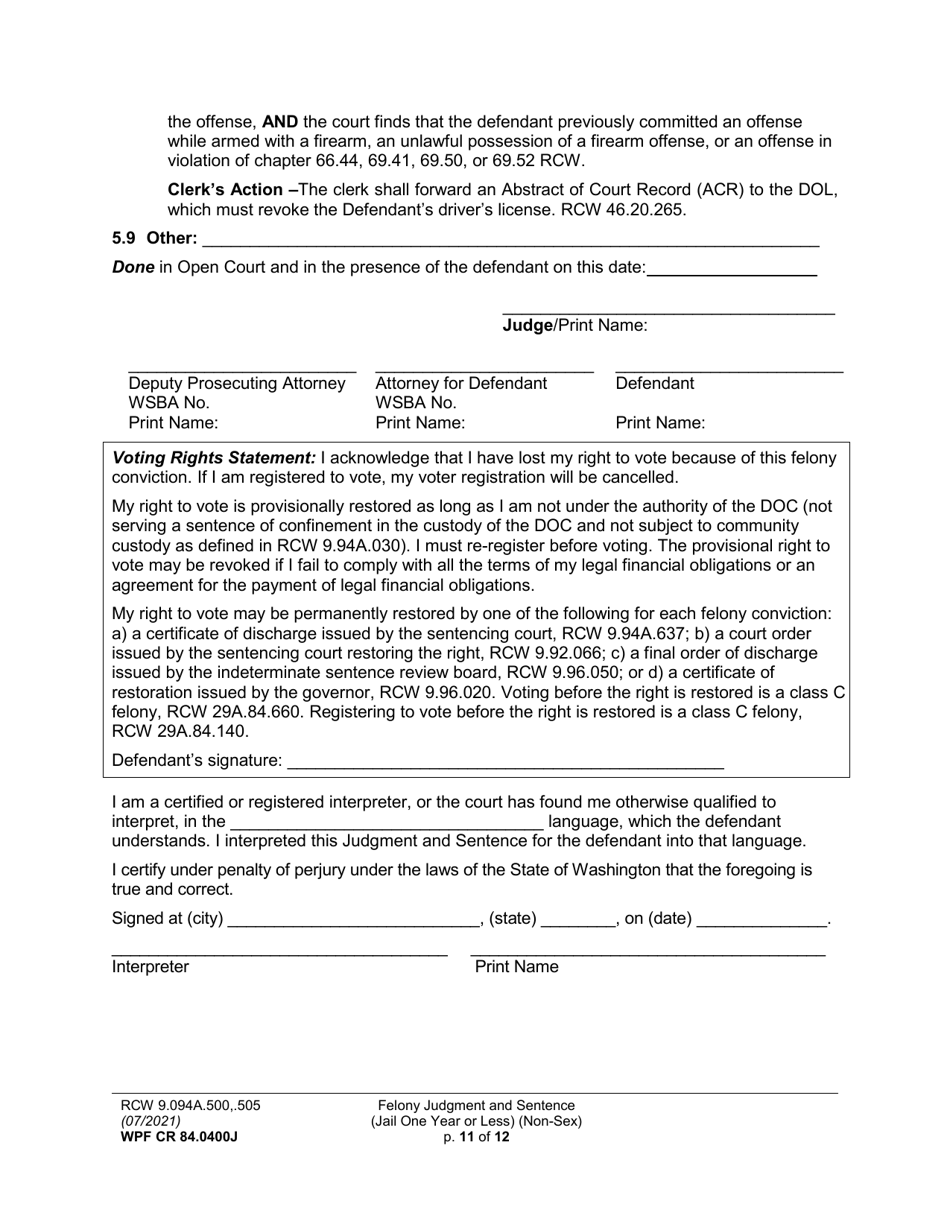 Form WPF CR84.0400J Felony Judgment and Sentence - Jail One Year or Less (Non Sex) (Fjs / Rjs) - Washington, Page 11