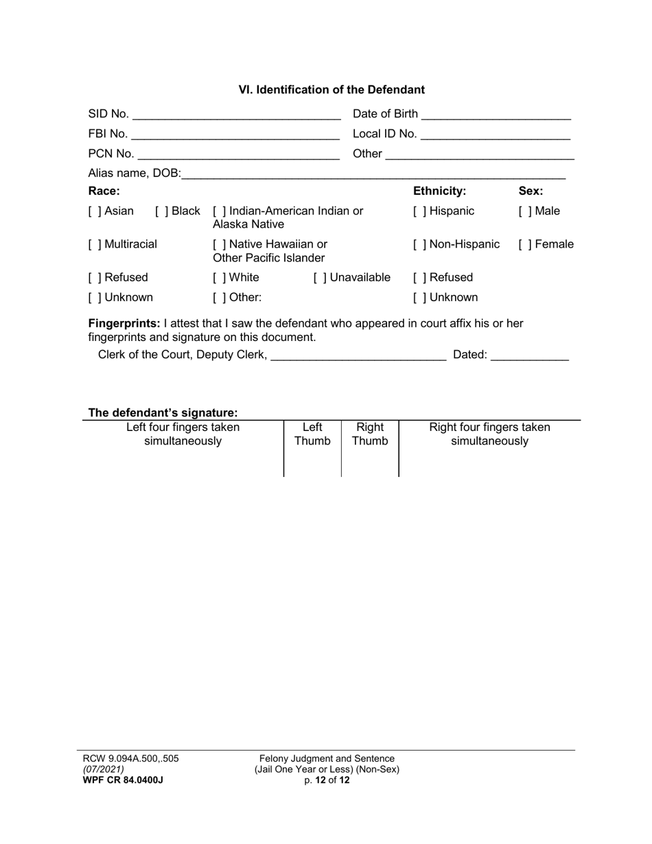 Form WPF CR84.0400J Felony Judgment and Sentence - Jail One Year or Less (Non Sex) (Fjs / Rjs) - Washington, Page 12