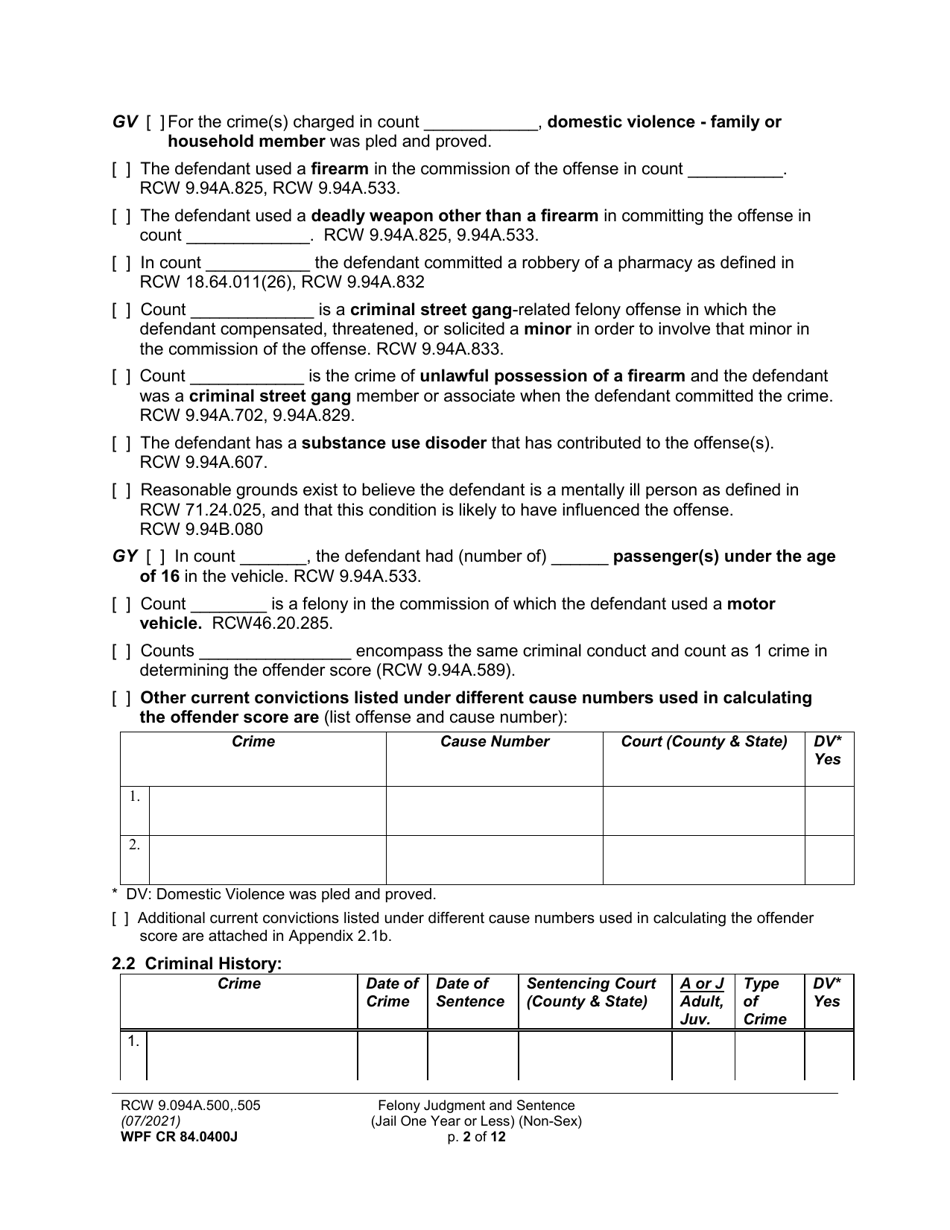Form WPF CR84.0400J Felony Judgment and Sentence - Jail One Year or Less (Non Sex) (Fjs / Rjs) - Washington, Page 2