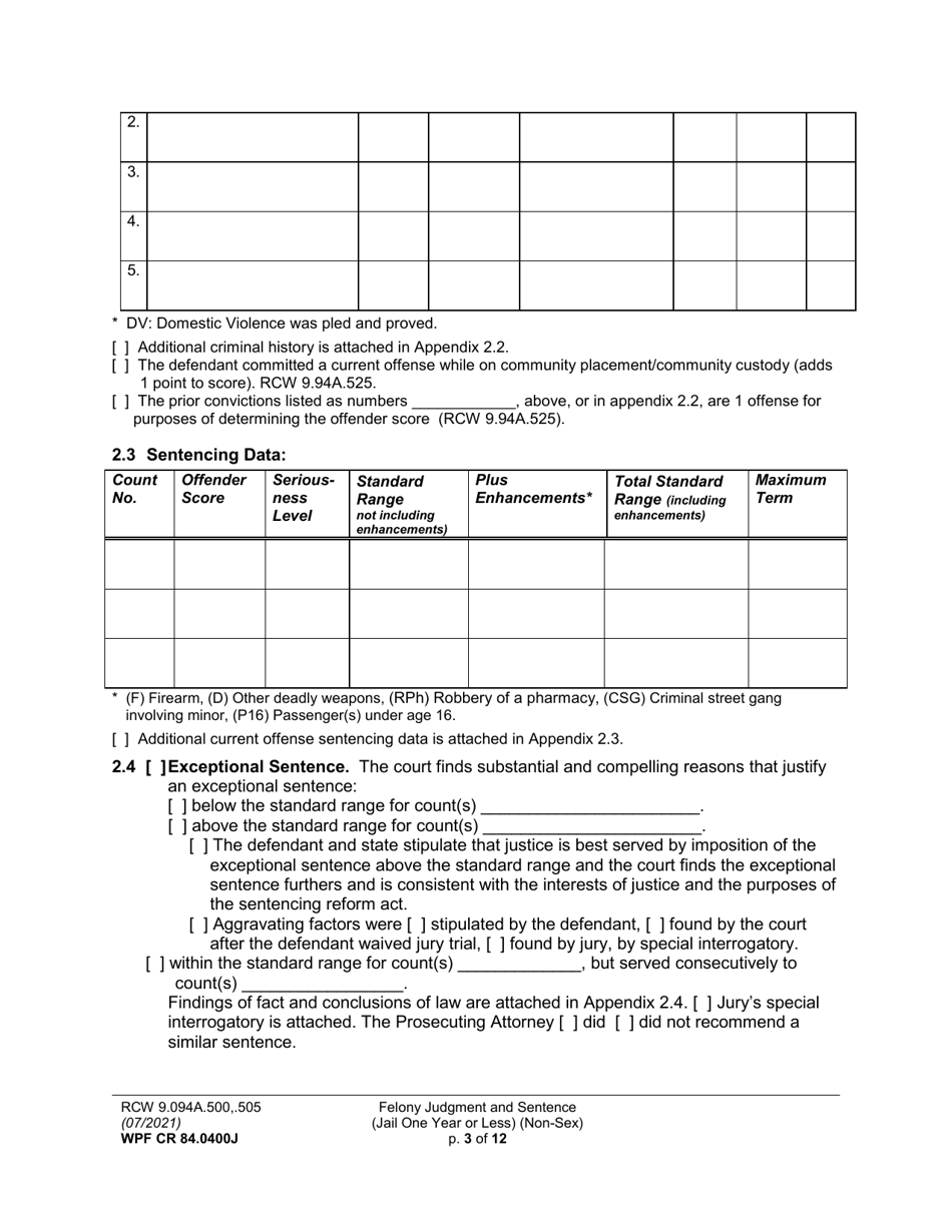 Form WPF CR84.0400J Felony Judgment and Sentence - Jail One Year or Less (Non Sex) (Fjs / Rjs) - Washington, Page 3