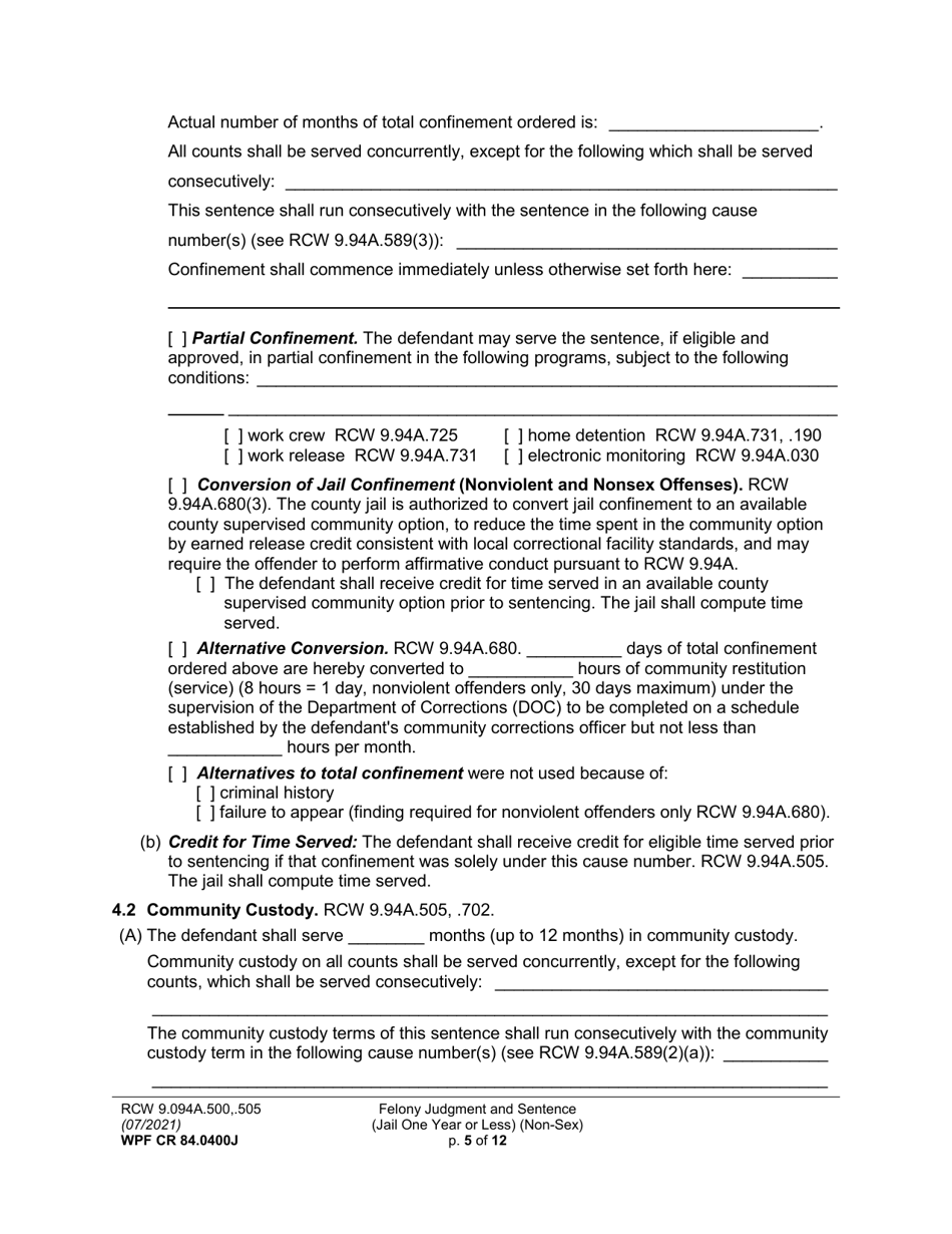 Form WPF CR84.0400J Felony Judgment and Sentence - Jail One Year or Less (Non Sex) (Fjs / Rjs) - Washington, Page 5
