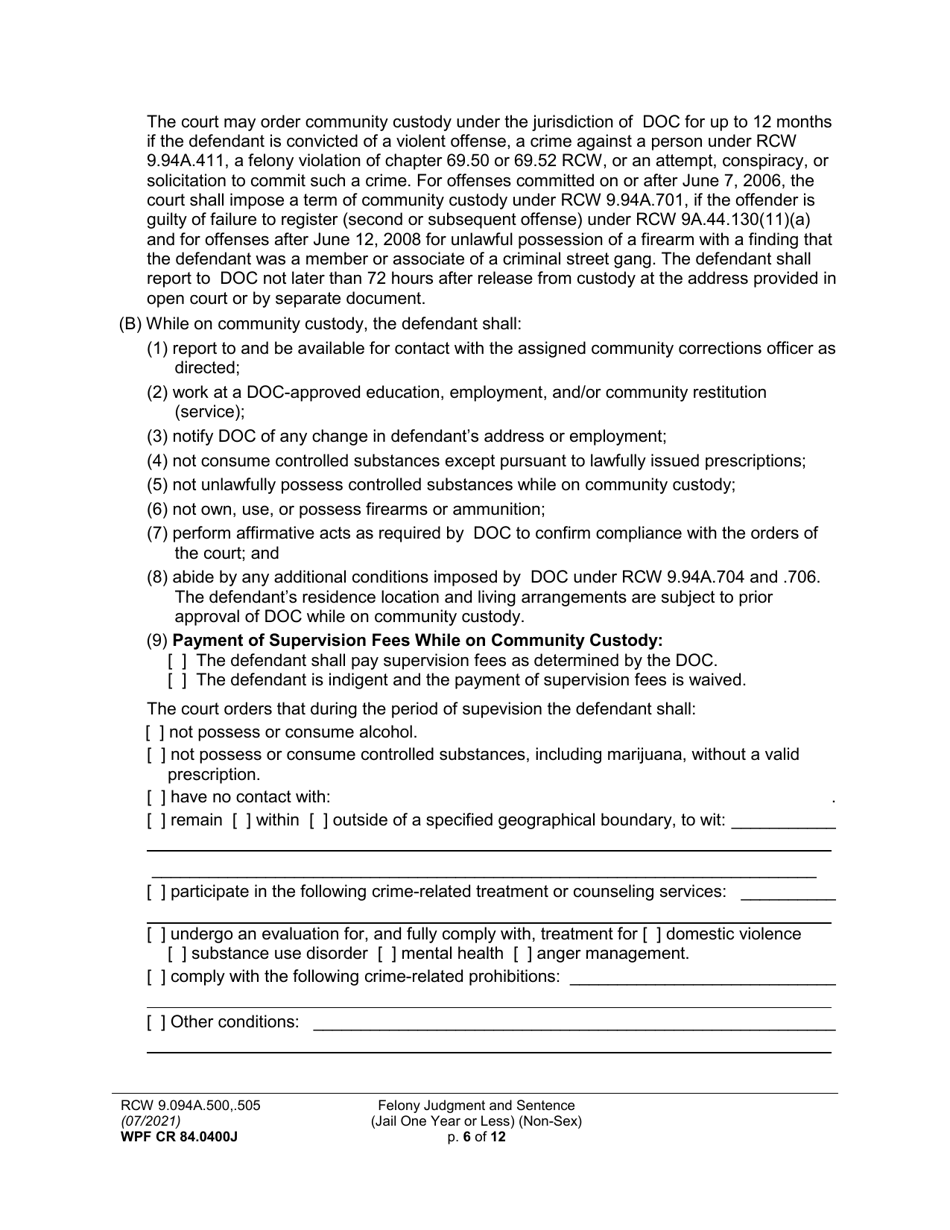 Form WPF CR84.0400J Felony Judgment and Sentence - Jail One Year or Less (Non Sex) (Fjs / Rjs) - Washington, Page 6