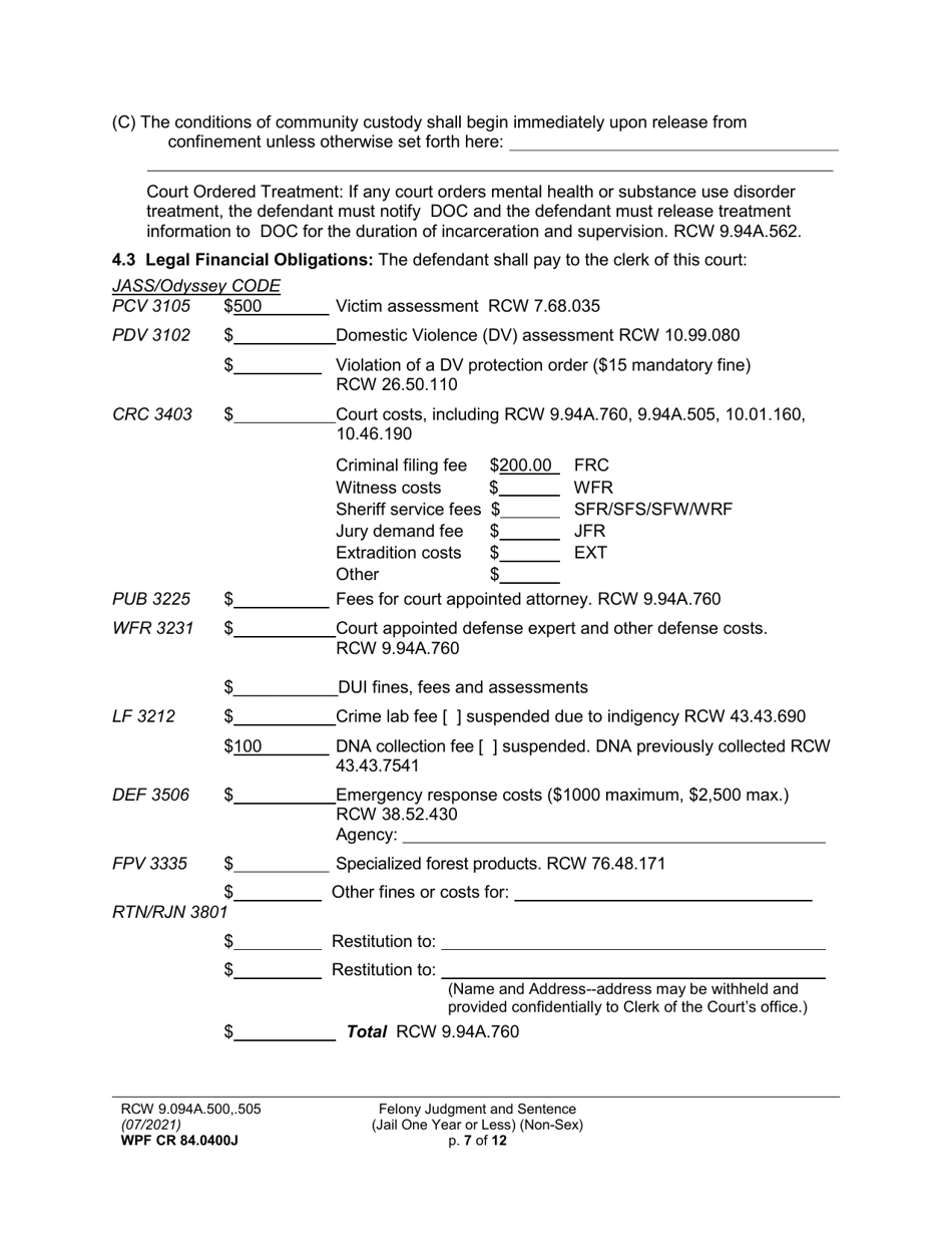 Form WPF CR84.0400J Felony Judgment and Sentence - Jail One Year or Less (Non Sex) (Fjs / Rjs) - Washington, Page 7