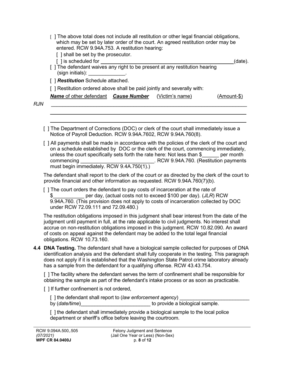 Form WPF CR84.0400J Felony Judgment and Sentence - Jail One Year or Less (Non Sex) (Fjs / Rjs) - Washington, Page 8