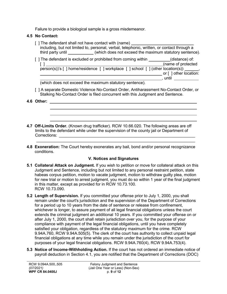Form WPF CR84.0400J Felony Judgment and Sentence - Jail One Year or Less (Non Sex) (Fjs / Rjs) - Washington, Page 9