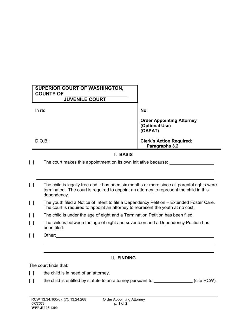 Form WPF JU03.1200 Order Appointing Attorney (Oapat) - Washington, Page 1
