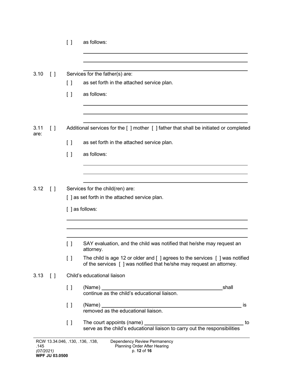 Form WPF JU03.0500 Order After Hearing: First Dependency Review (Fdprho) / Dependency Review (Dprho) / Permanency Planning (Orpp) - Washington, Page 12