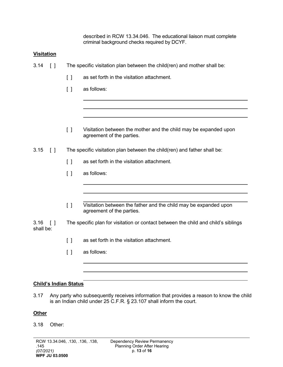 Form WPF JU03.0500 Order After Hearing: First Dependency Review (Fdprho) / Dependency Review (Dprho) / Permanency Planning (Orpp) - Washington, Page 13