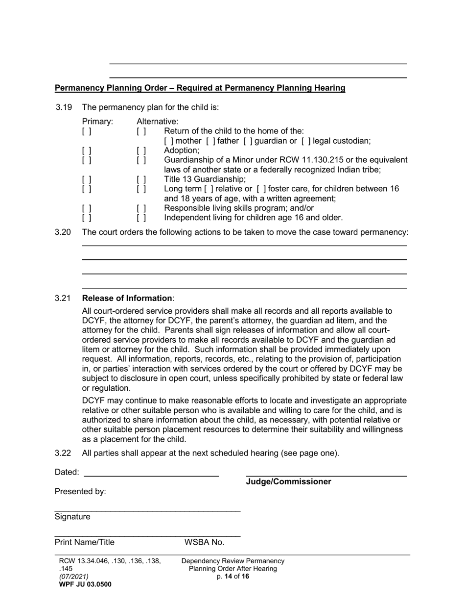 Form WPF JU03.0500 Order After Hearing: First Dependency Review (Fdprho) / Dependency Review (Dprho) / Permanency Planning (Orpp) - Washington, Page 14
