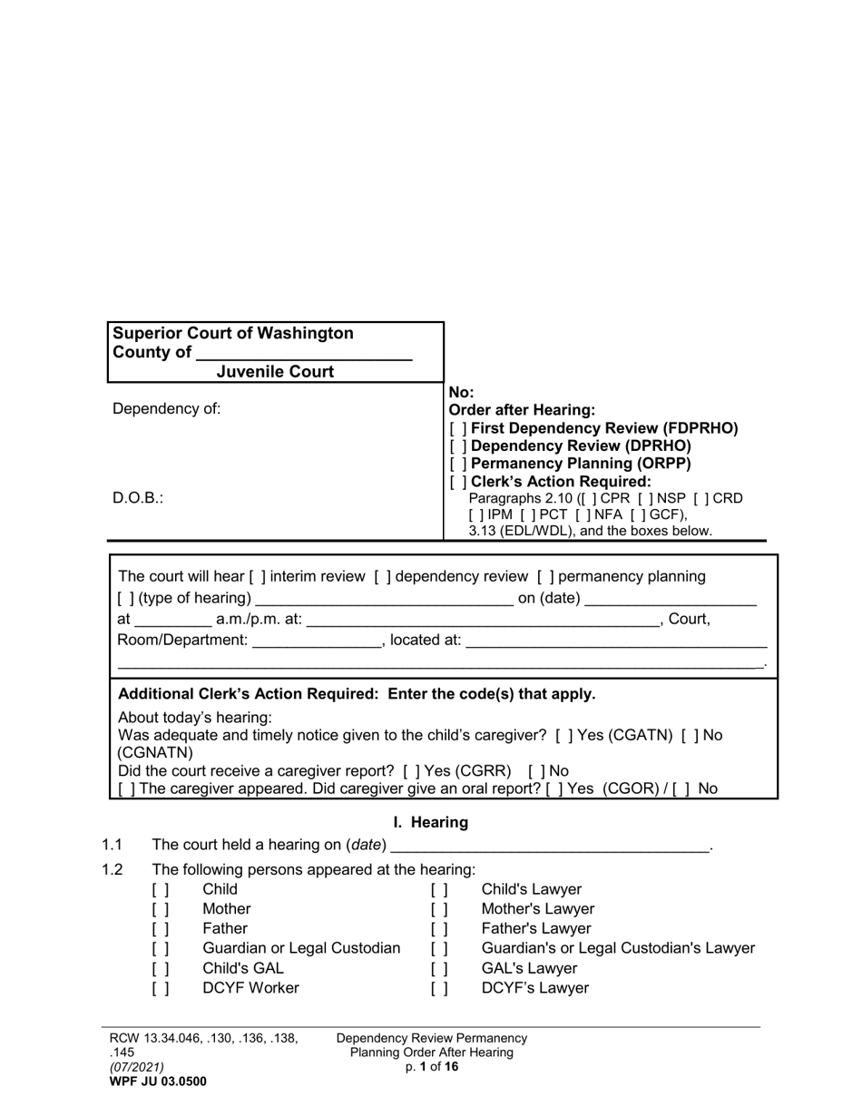 Form WPF JU03.0500 Order After Hearing: First Dependency Review (Fdprho) / Dependency Review (Dprho) / Permanency Planning (Orpp) - Washington, Page 1