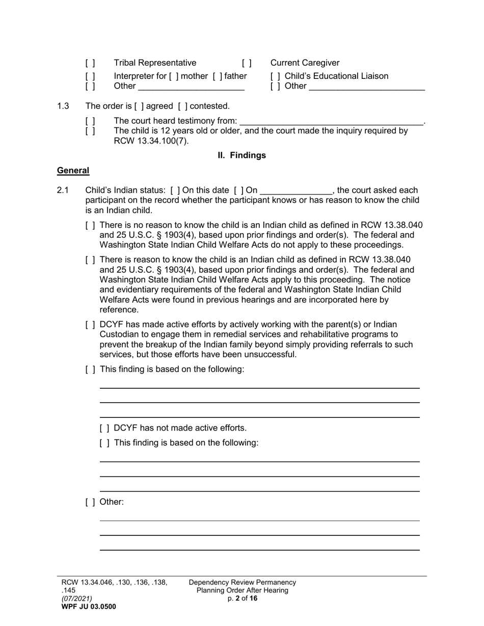 Form WPF JU03.0500 Order After Hearing: First Dependency Review (Fdprho) / Dependency Review (Dprho) / Permanency Planning (Orpp) - Washington, Page 2