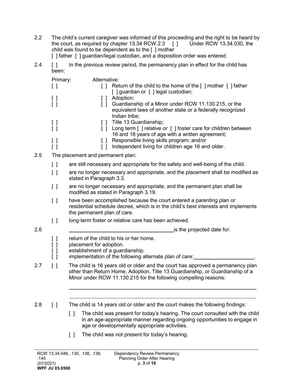 Form WPF JU03.0500 Order After Hearing: First Dependency Review (Fdprho) / Dependency Review (Dprho) / Permanency Planning (Orpp) - Washington, Page 3