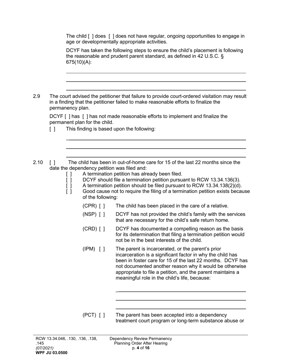 Form WPF JU03.0500 Order After Hearing: First Dependency Review (Fdprho) / Dependency Review (Dprho) / Permanency Planning (Orpp) - Washington, Page 4