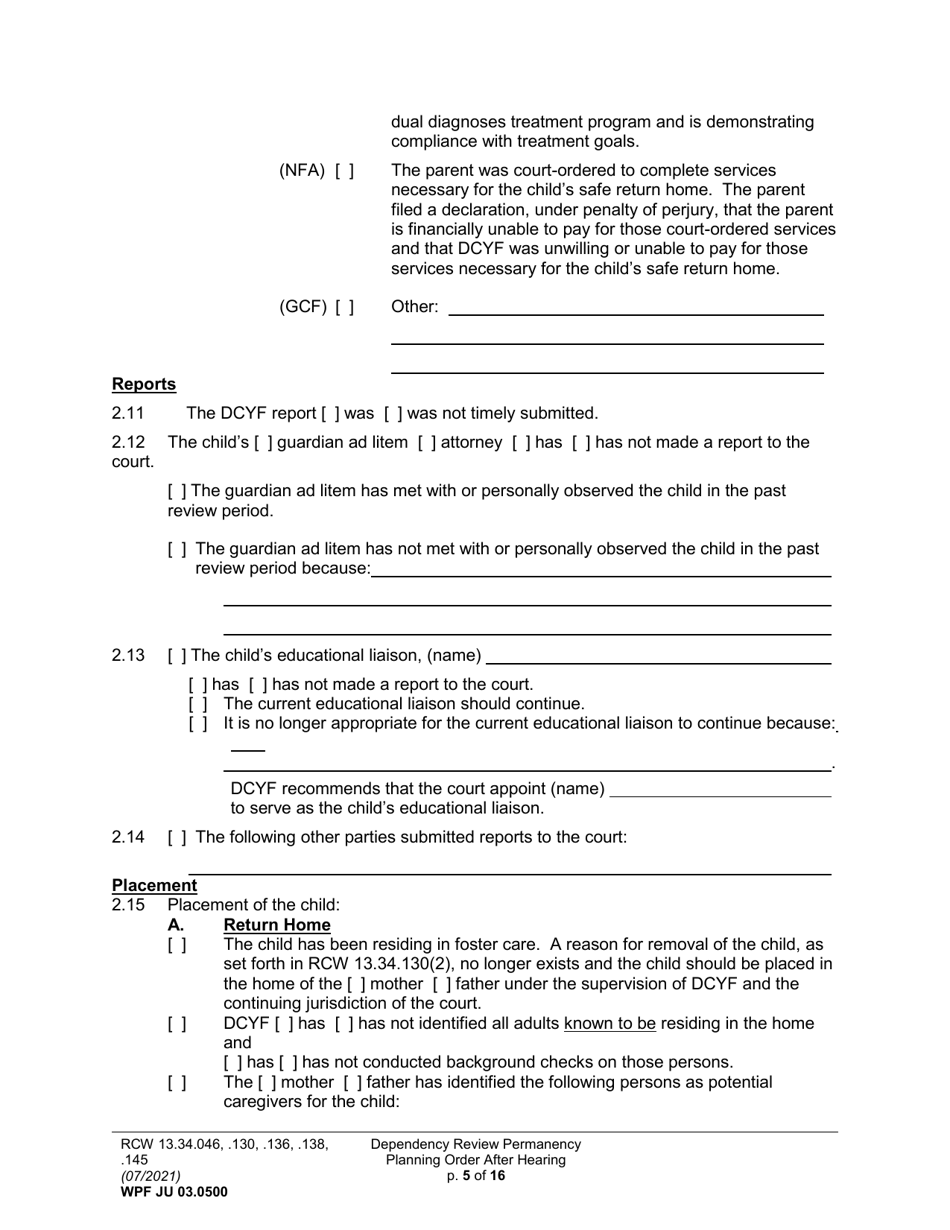 Form WPF JU03.0500 Order After Hearing: First Dependency Review (Fdprho) / Dependency Review (Dprho) / Permanency Planning (Orpp) - Washington, Page 5