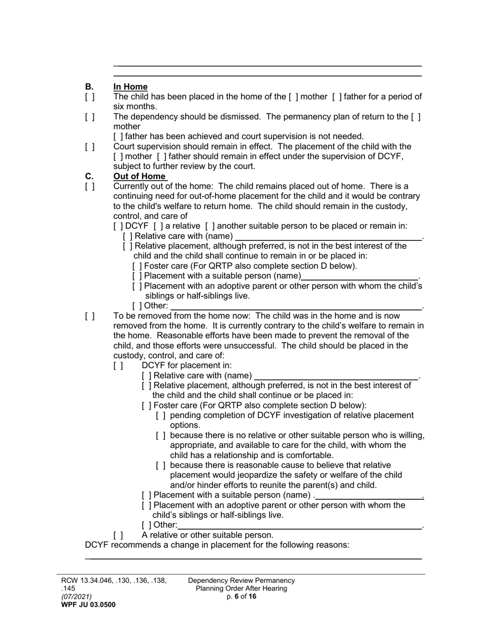 Form WPF JU03.0500 Order After Hearing: First Dependency Review (Fdprho) / Dependency Review (Dprho) / Permanency Planning (Orpp) - Washington, Page 6