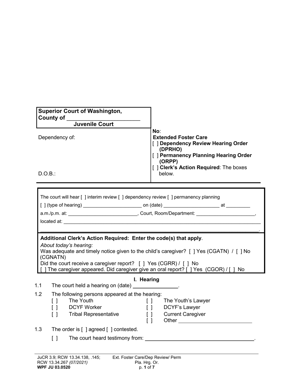 Form WPF JU03.0520 Extended Foster Care / Dependency Review Hearing Order (Dprho) / Permanency Planning Hearing Order (Orpp) - Washington, Page 1