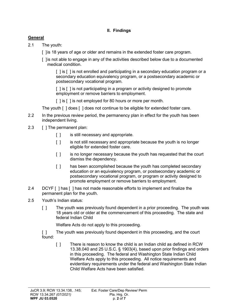 Form WPF JU03.0520 Extended Foster Care / Dependency Review Hearing Order (Dprho) / Permanency Planning Hearing Order (Orpp) - Washington, Page 2