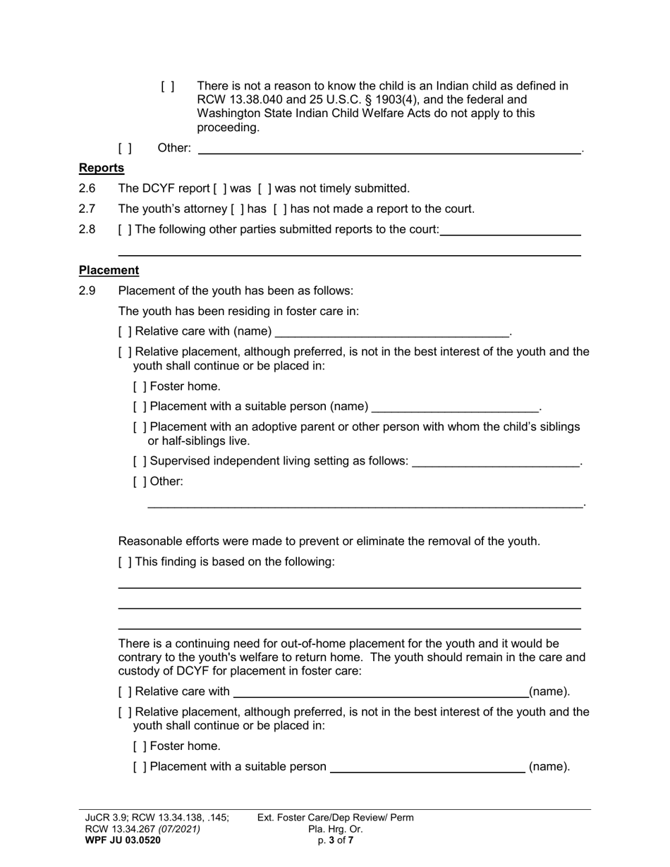 Form WPF JU03.0520 Extended Foster Care / Dependency Review Hearing Order (Dprho) / Permanency Planning Hearing Order (Orpp) - Washington, Page 3