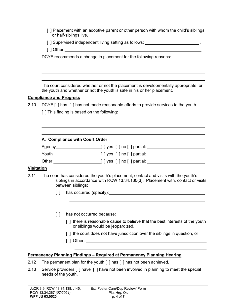 Form WPF JU03.0520 Extended Foster Care / Dependency Review Hearing Order (Dprho) / Permanency Planning Hearing Order (Orpp) - Washington, Page 4