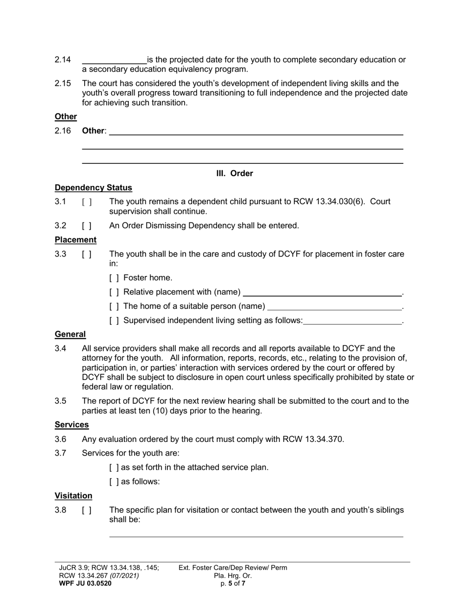 Form WPF JU03.0520 Extended Foster Care / Dependency Review Hearing Order (Dprho) / Permanency Planning Hearing Order (Orpp) - Washington, Page 5