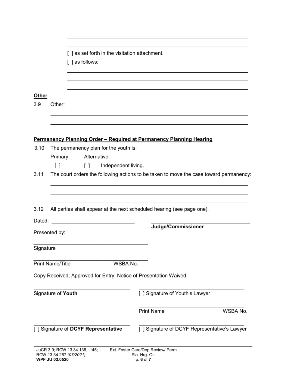 Form WPF JU03.0520 Extended Foster Care / Dependency Review Hearing Order (Dprho) / Permanency Planning Hearing Order (Orpp) - Washington, Page 6